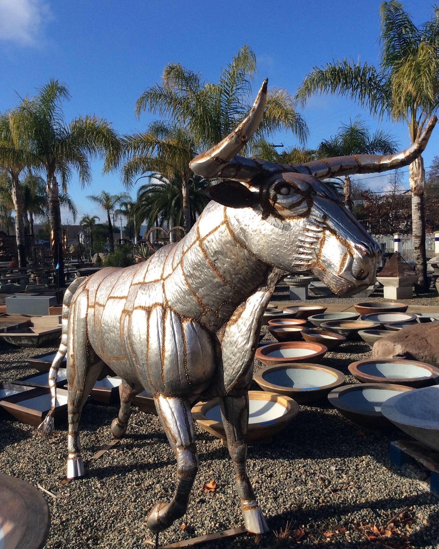 Recycled metal longhorn bull sculpture