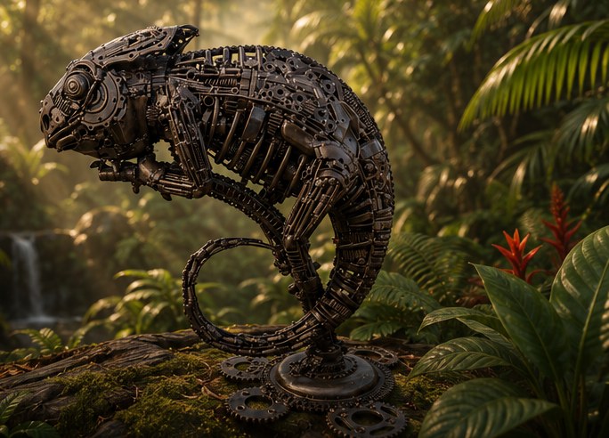 Steel chameleon sculpture perched on a mossy log