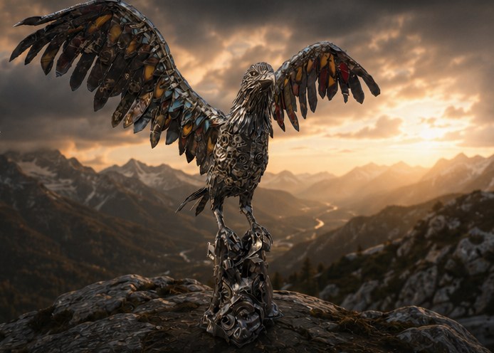 Steel eagle sculpture with spread wings in a mountain setting