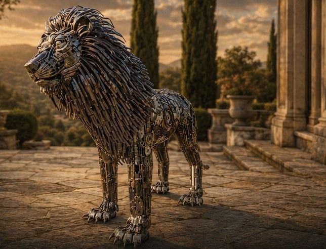 Reclaimed steel lion on a stone terrace among cypress trees at golden hour