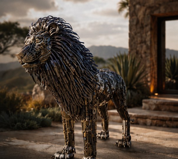 Steel lion sculpture beside a stone doorway