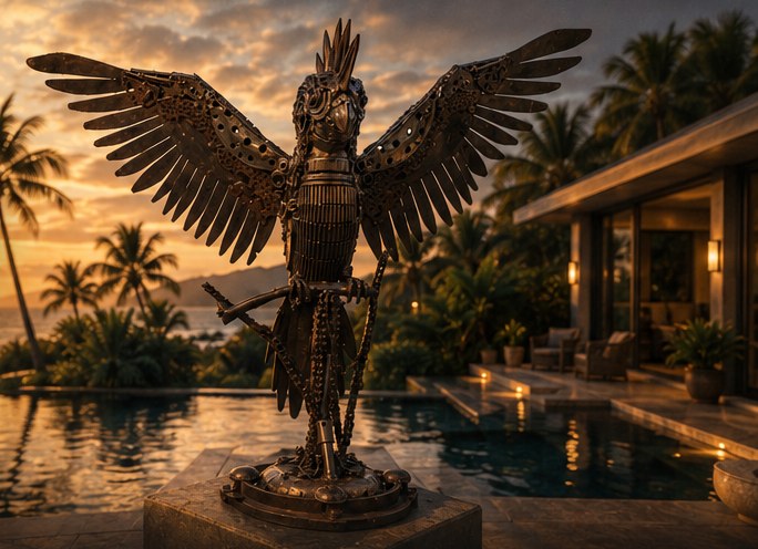 Steel parrot sculpture with outstretched wings beside a pool