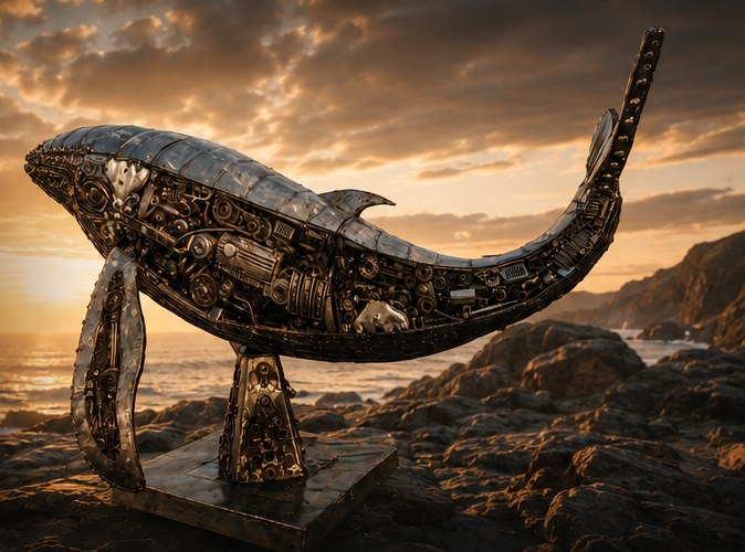 Steel whale sculpture on a rocky coastline